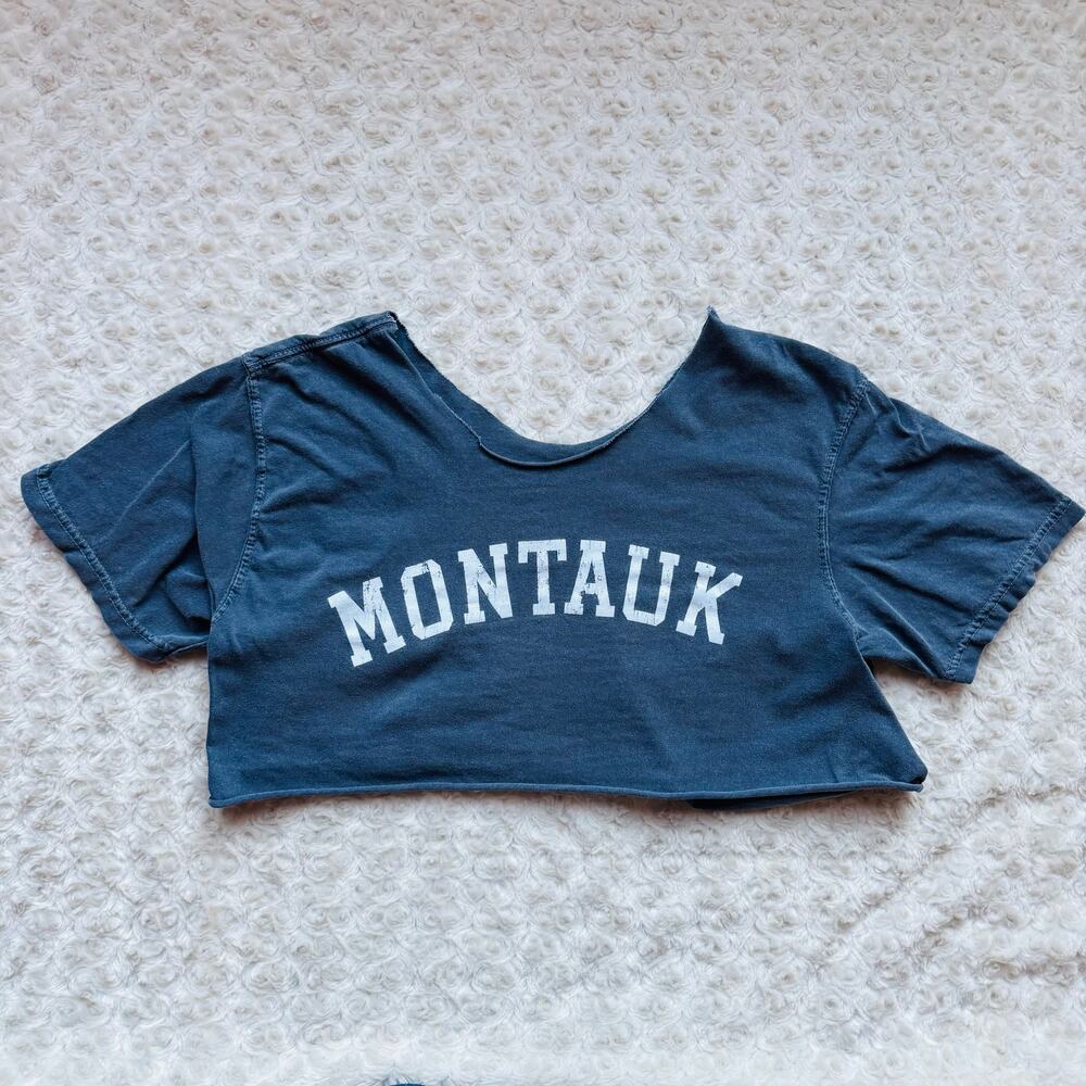 MONTAUK Slate Blue Unisex Midriff Cropped Short Sleve Oversized Cotton Tee Shirt